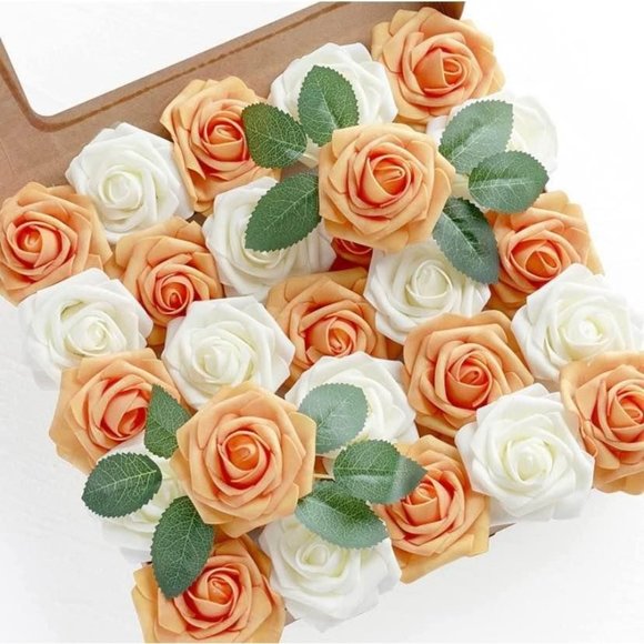 25 Count | Orange & White Artificial Flowers Wedding Bouquet Centerpiece Roses - Picture 1 of 3